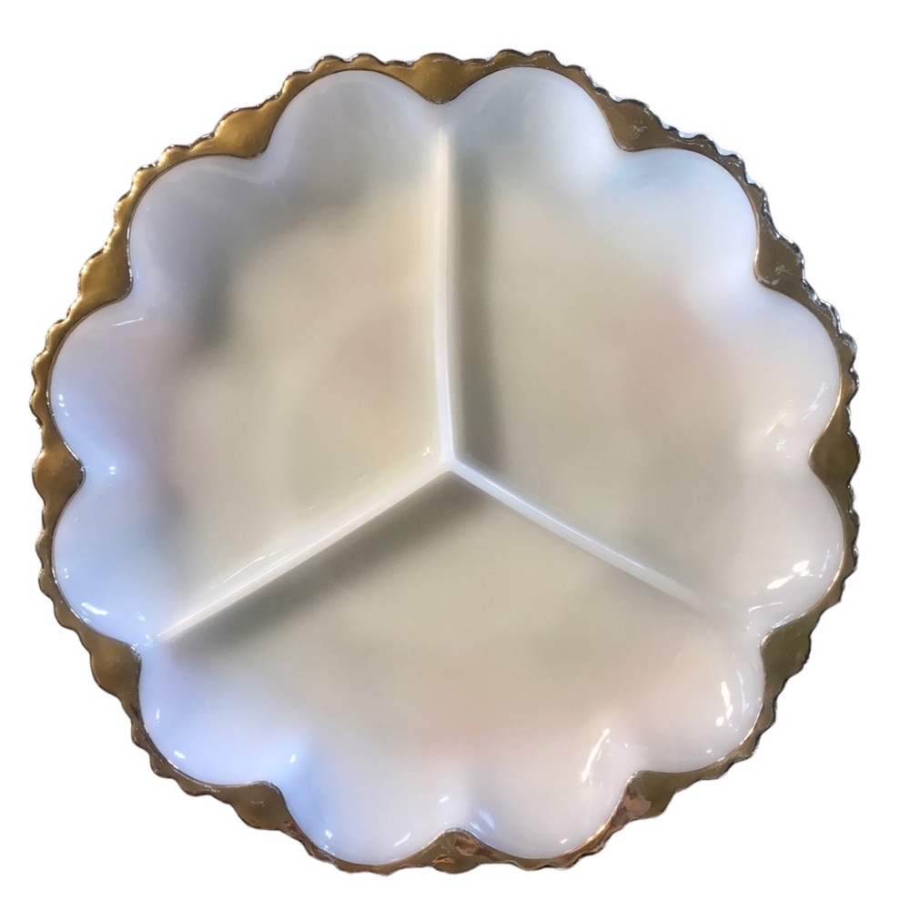 Vintage Anchor Hocking Fire King Milk Glass Gold Trim Divided Relish Dish White - Picture 2 of 14